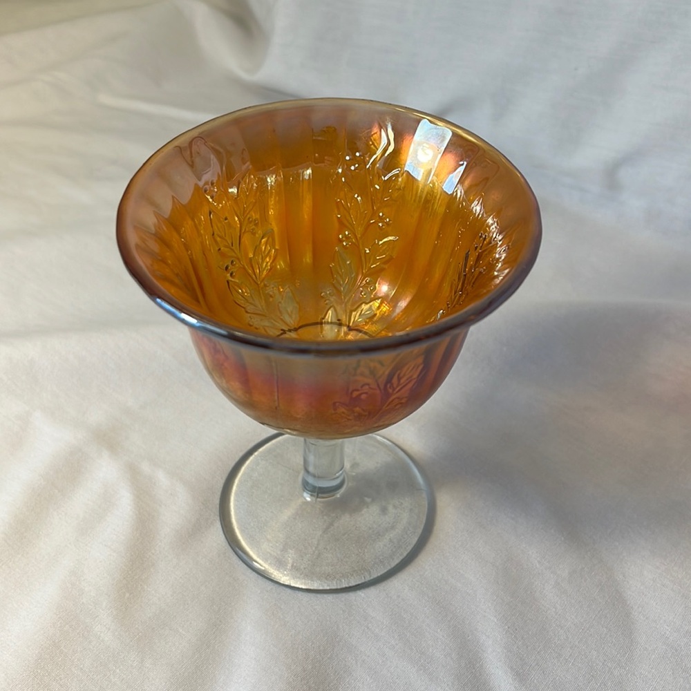 Vintage Fenton Carnival Glass Marigold Holly Flared Goblet Wine Dessert Dish…